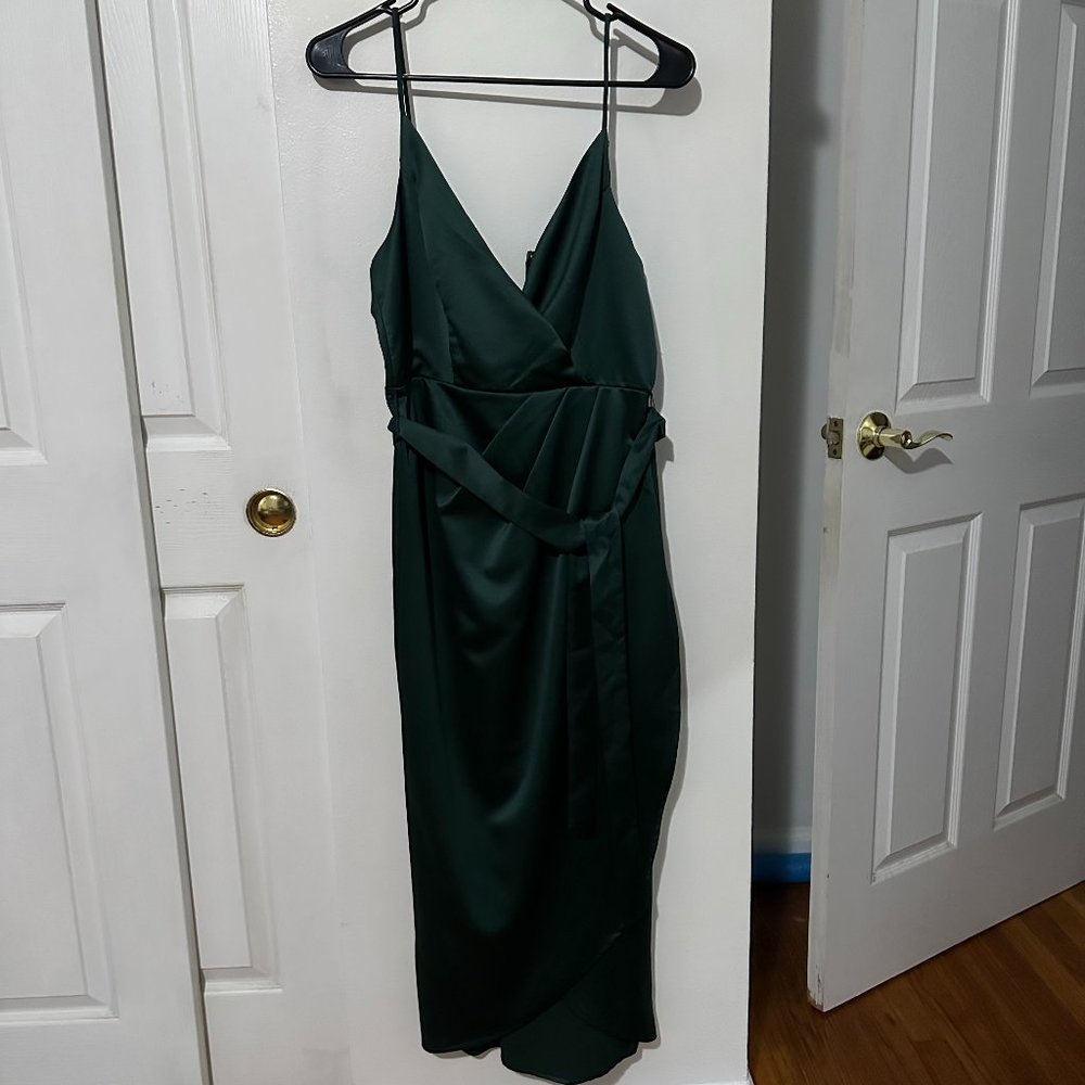 Lulu's Emerald Green Cocktail Wrap Satin Dress